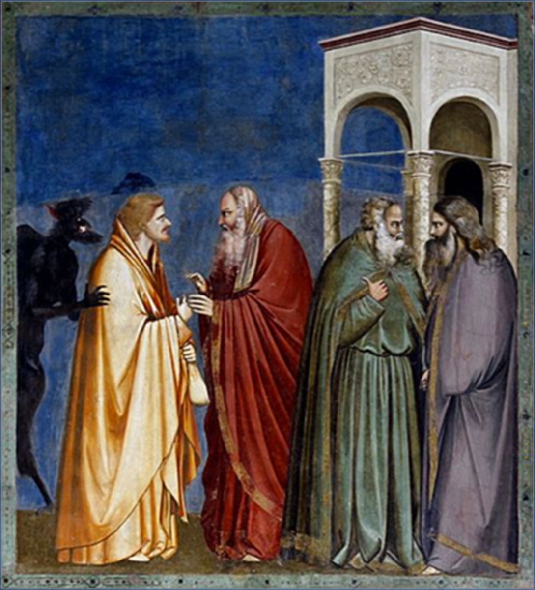 Judas receives payment for betrayal (Giotto, Scrovegni Chapel, 1304-1306)